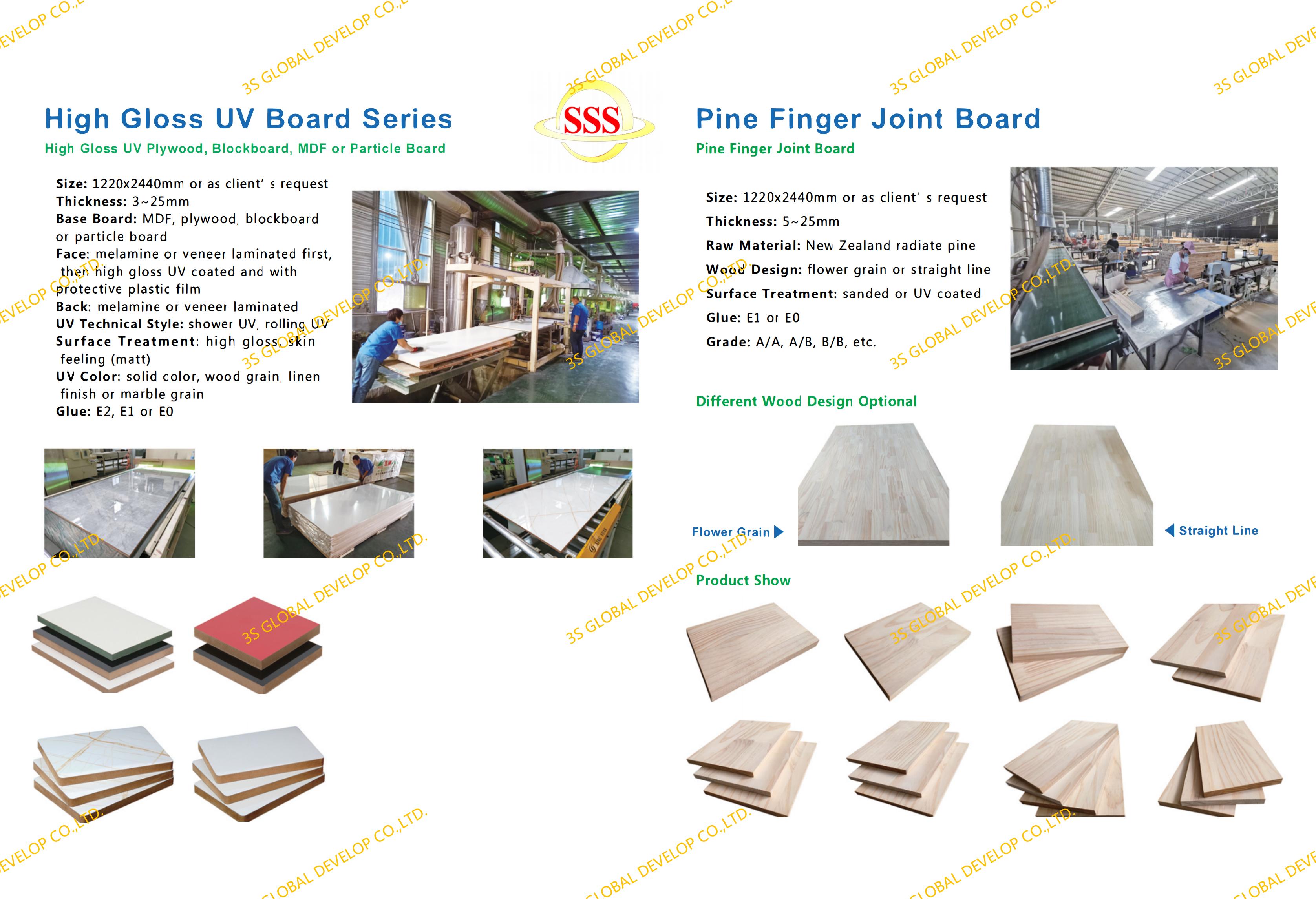 High Gloss UV plywood, MDF OR Paticle board, Pine finger Joint Board.